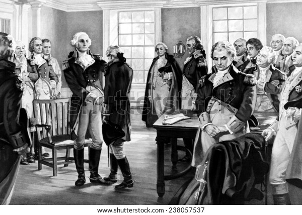George Washington\
says farewell to his troops at Fraunces Tavern, New York, 1783,\
Painting by\
Hintermeister,