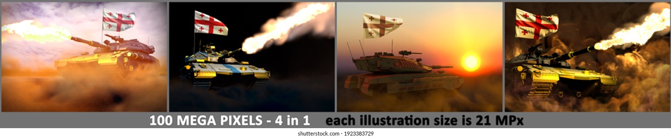 Georgia army concept - 4 very high resolution pictures of modern tank with fictive design with Georgia flag, military 3D Illustration