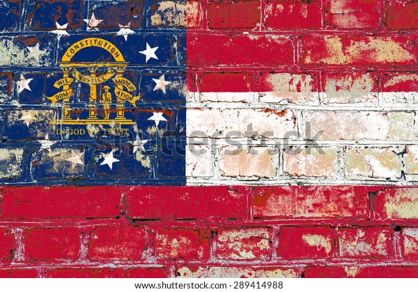 Georgia state flag of\
America on brick\
wall