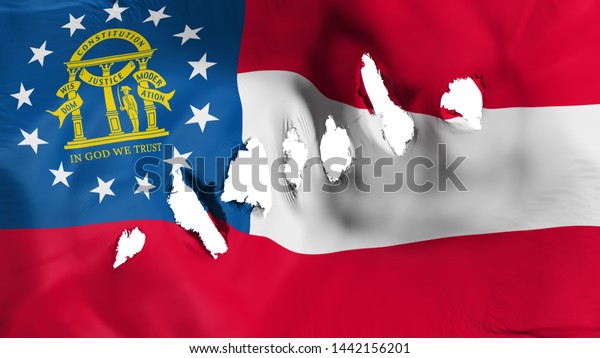 Georgia state flag perforated, bullet holes,\
white background, 3d\
rendering