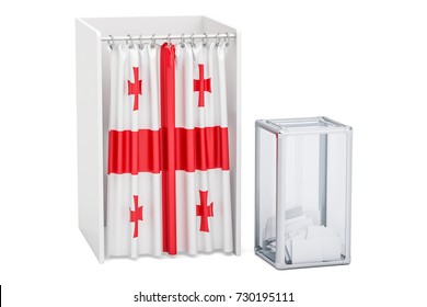 Georgian Election Concept, Ballot Box And Voting Booths With Flag Of Georgia, 3D Rendering