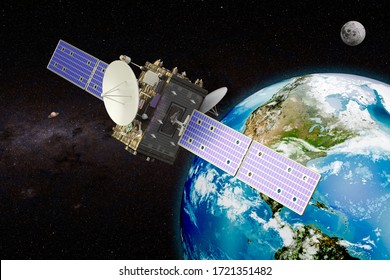 Geosynchronous Satellite Orbiting Earth, 3D Rendering. Elements Of This Image Furnished By NASA