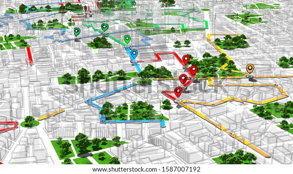 Geotargeting, Map GPS Localization. Pin\
Navigation Icons Appear on the City Map. 3D\
Illustration.