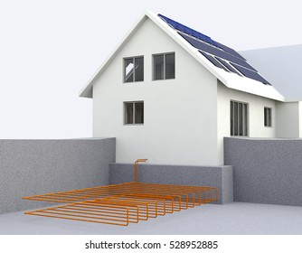 Geothermal Power House With Solar Panels, Geothermal Heating, Under Floor Heating Systems, Renewable Energy Home,  Solar Panels, Solar Water Heating Systems, Water Heaters On A Roof - 3D Rendering