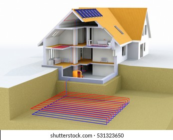 Geothermal Power House With Solar Panels, Geothermal Heating, Alternative Geothermal Energy, Under Floor Heating Systems, Renewable Energy Home Concept - 3D Rendering