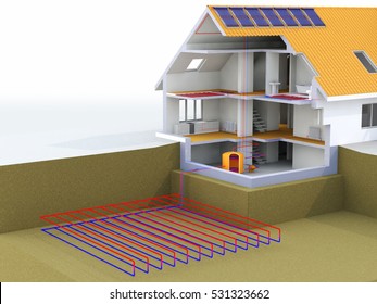 Geothermal Power House With Solar Panels, Geothermal Heating, Alternative Geothermal Energy, Under Floor Heating Systems, Renewable Energy Home Concept - 3D Rendering