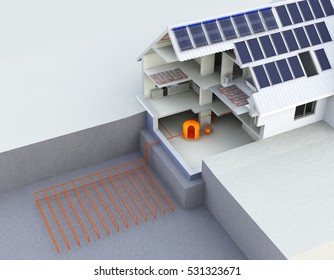 Geothermal Power House With Solar Panels, Geothermal Heating, Alternative Geothermal Energy, Under Floor Heating Systems, Renewable Energy Home Concept - 3D Rendering