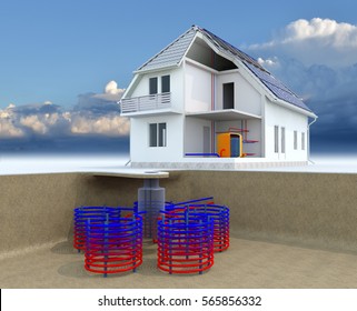 Geothermal Powered House With Solar Panels, Geothermal Heating, Alternative Geothermal Energy, Under Floor Heating Systems, Energy Efficient House, Renewable Energy Home Concept - 3D Rendering 