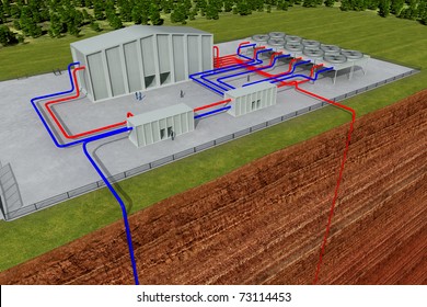 Geothermal system with cutting through the earth and deep hole, about 3 - 6 km deep