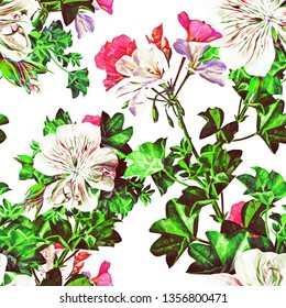 Gerania flowers seamless pattern. Hand painted watercolor illustration. Floral design. Template.