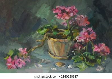 Geranium oil painting. Pink delicate indoor flowers painted in oil on canvas. The original painting. Modern Impressionism. The art of oil painting. Author's work, creativity. Still life with flowers