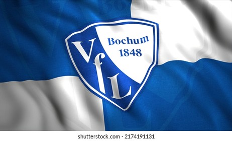 German association football club based in the city of Bochum, flag with emblem. Motion. Blue and white waving VFL Bochum flag logo. For editorial use only.