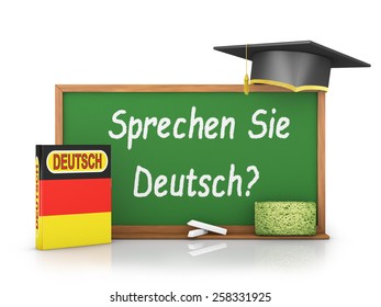 German book with a flag and a chalk board on which is written - Do you speak German?