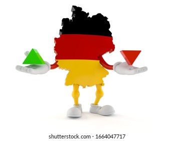 Deutscher Charakter mit Pfeil nach oben und unten einzeln auf weißem Hintergrund. 3D-Illustration