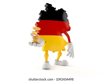German character with stack of coins isolated on white background. 3d illustration
