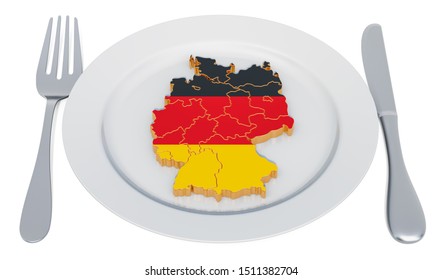 German Cuisine Concept, Plate With Flag Of Germany. 3D Rendering