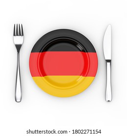 German Food Or Cuisine Concept. Fork, Knife And Plate With Germany Flag On A White Background. 3d Rendering