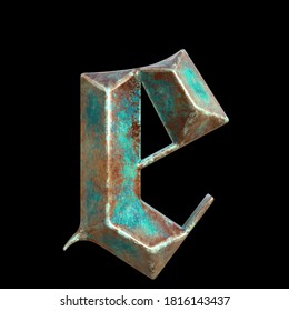 German gothic alphabet. Сollection of copper signs with oxidation - letter e. Grunge style. Isolated on black background. 3d illustration.