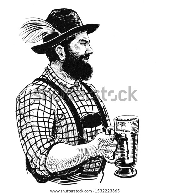 ビールジョッキを持つドイツ人の男性 墨画 のイラスト素材