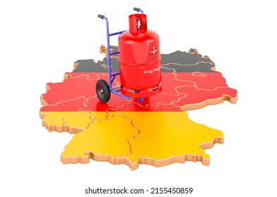 German Map With Propane Gas Cylinder On Hand Truck. Gas Delivery Service In Germany, Concept. 3D Rendering Isolated On White Background