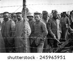 German prisoners in a French prison camp. WWI. Ca. 1918.