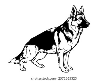 German shepherd clipart black and white. A powerful and elegant black and white line art illustration of a German Shepherd, known for its intelligence, loyalty, and working abilities.