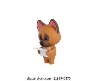 German Shepherd Dog Character Reading Paper In 3d Rendering.