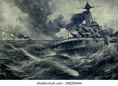 German U boat's torpedo passes the stern of a British vessel. WW1. 1914-18.