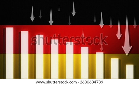 Germany flag with a declining bar chart and down arrows, symbolizing decline in data, performance, or various national indicators.