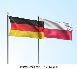 Germany Flag With Poland Flag, 3D Rendering With A Blue Sky Background 