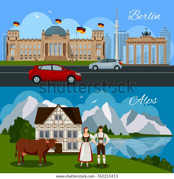 Germany flat composition with government\
building monument cars Brandenburg gate and picturesque beautiful\
landscape \
illustration
