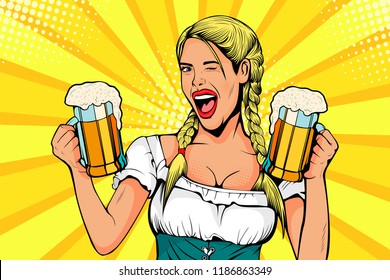 Germany Girl waitress carries beer glasses. Oktoberfest celebration. Illustration in pop art retro comic style