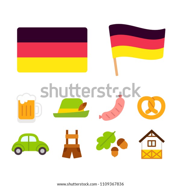 Germany icons\
set in flat cartoon style. Traditional German culture symbols,\
isolated clip art\
illustration.