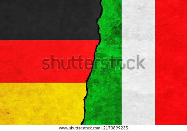 Germany and\
Italy painted flags on a wall with a crack. Italy and Germany\
relations.Germany and Italy flags\
together