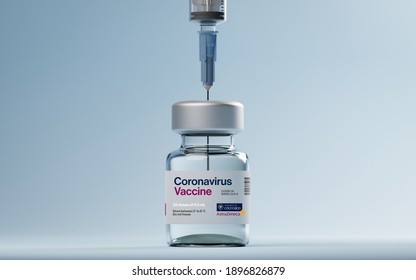 GERMANY - JAN, 18, 2021: Astrazeneca Oxford Coronavirus Covid-19 Vaccine. 3D Artwork