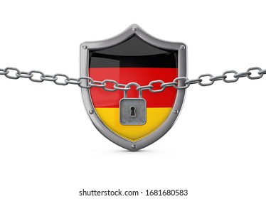 Germany Lockdown Concept. Shield With Lock And Chain. 3D Render