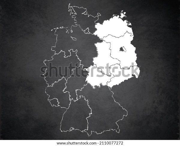 Germany map divided on West and East\
Germany map, administrative division separates regions, design card\
blackboard, chalkboard blank template\
raster