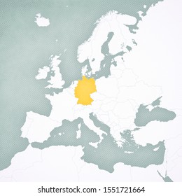 Germany On The Map Of Europe With Softly Striped Vintage Background. 