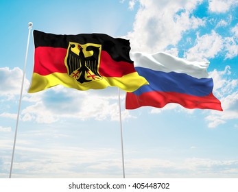 Germany & Russia Flags are waving in the sky
