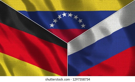 Germany and Venezuela and Russia Realistic Three Flags Together - 3D illustration Fabric Texture - Shutterstock ID 1297358734