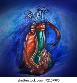 Gesso Illustration Of Golf Bag And Clubs. I Am The Original Artist Of This Painting.