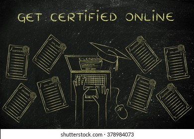 Get Certified Online: E-learning Student With Plenty Of Degrees On His Desk