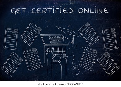 Get Certified Online: E-learning Student With Plenty Of Degrees On His Desk