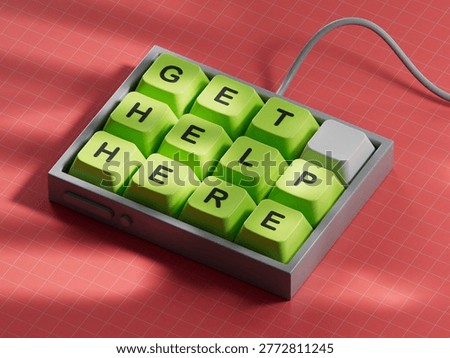 Get help here symbol. Computer keyboard keys with words Get help here.Business and Get help here concept. Copy space.3D rendering