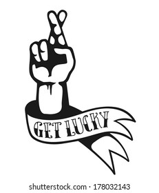 Get Lucky and Hope: funky tattoo design of hand with fingers crossed