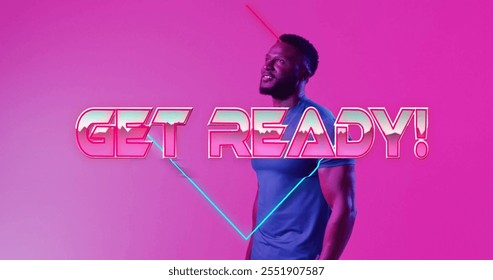 Get Ready text image over person holding tennis racket in neon pink background. Motivation, inspiration, fitness, sport, athletic, energy - Powered by Shutterstock