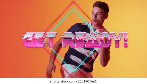 Get ready text image over man dancing against orange background. celebration, entertainment, dance, party, colorful, vibrant - Powered by Shutterstock