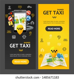 Get Taxi Service Banner Realistic Detailed 3d Vecrtical Set Include of Pin, Gps Location, Map and Smartphone. illustration