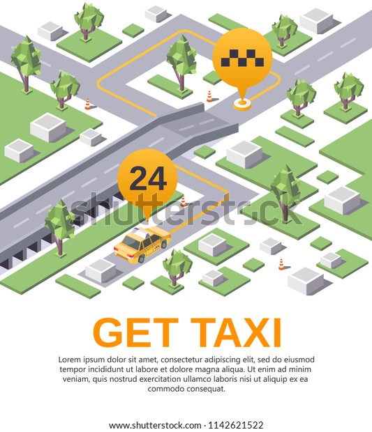  get taxi transportation app application\
advertising poster, banner design template. Illustration with\
yellow car destination route marker isometric park trees, plants\
urban landscape\
background