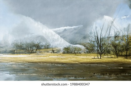 Geysers In The Kamchatka Valley. Oil Painting On Canvas. The Painting Is Made In The Style Of Landscapes By Thomas Cole And Frederick Church. Contemporary Art.